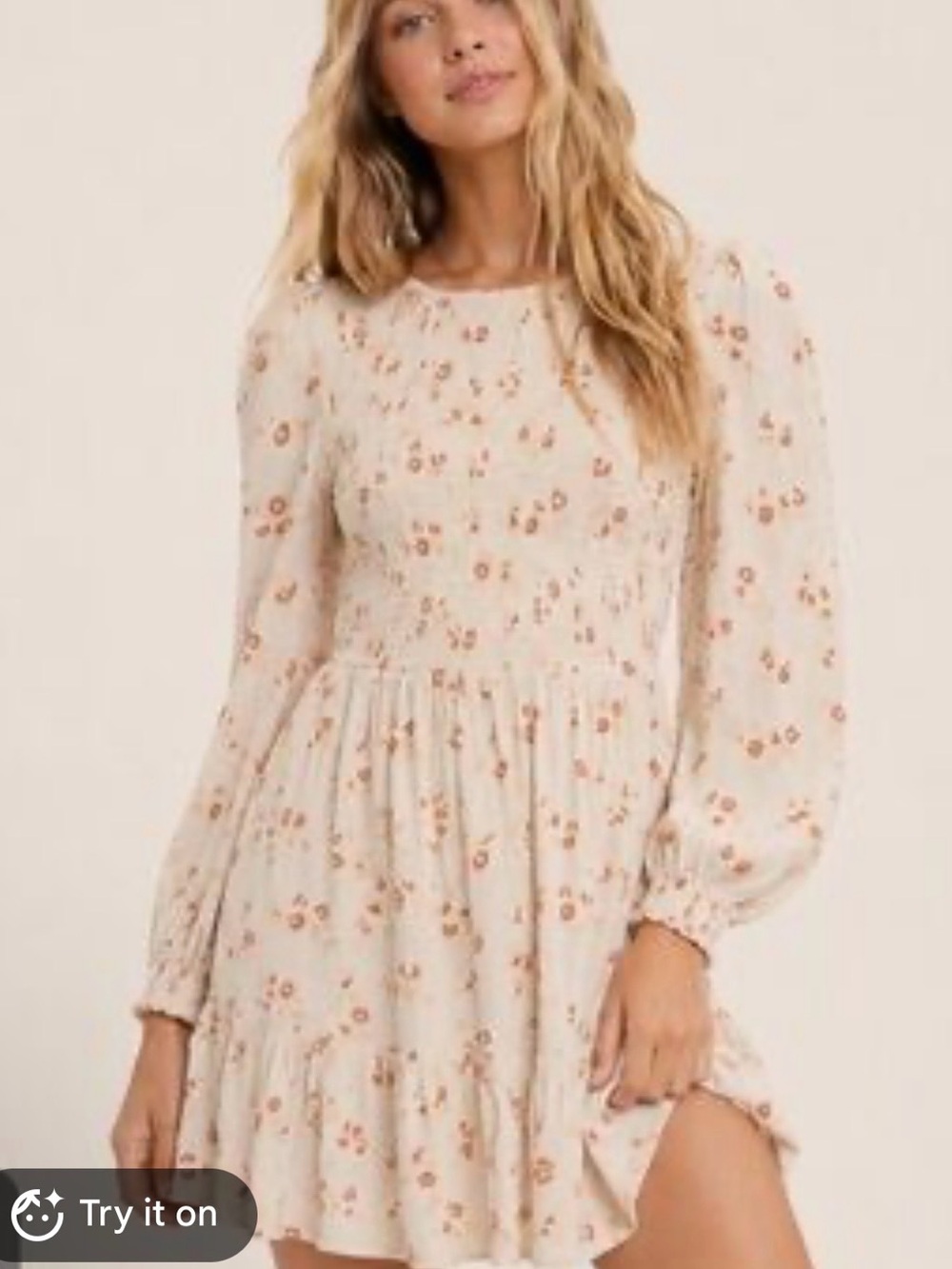 American Eagle Outfitters Cream Floral Long-Sleeve Smocked Mini Dress